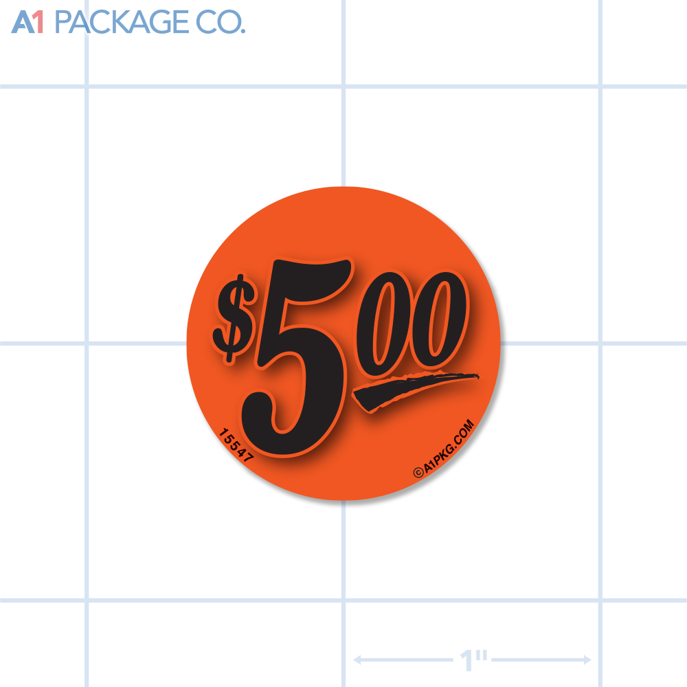 $5.00 Label Fluorescent Red Circle (1.25 inch dia.) 1000/roll