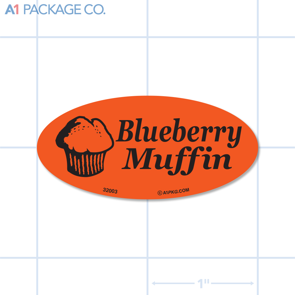 Blueberry Muffin Label Fluorescent Red Oval (1x2 Inch) 500/roll