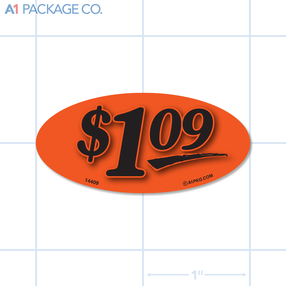 $1.09 Label Fluorescent Red Oval (1x2 inch) 500/roll