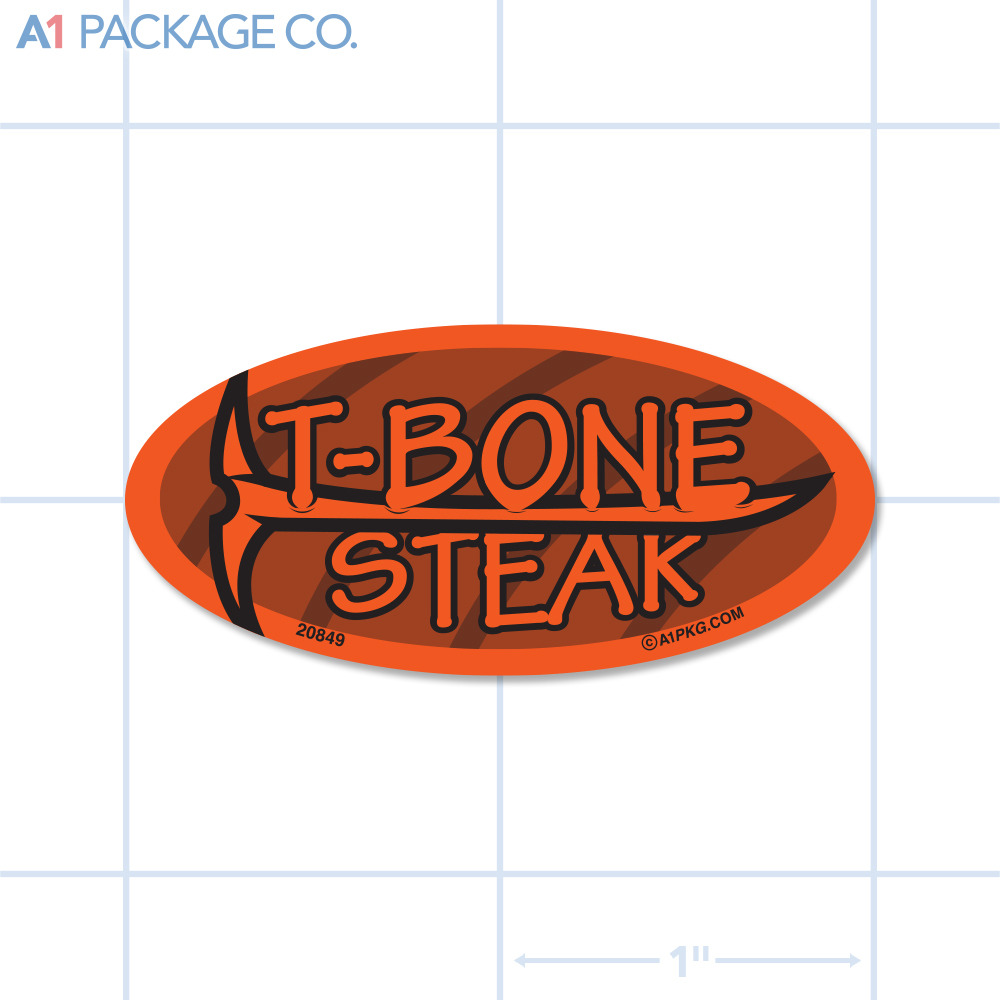 T-Bone Steak Label Fluorescent Red Oval (1x2 Inch) 500/roll