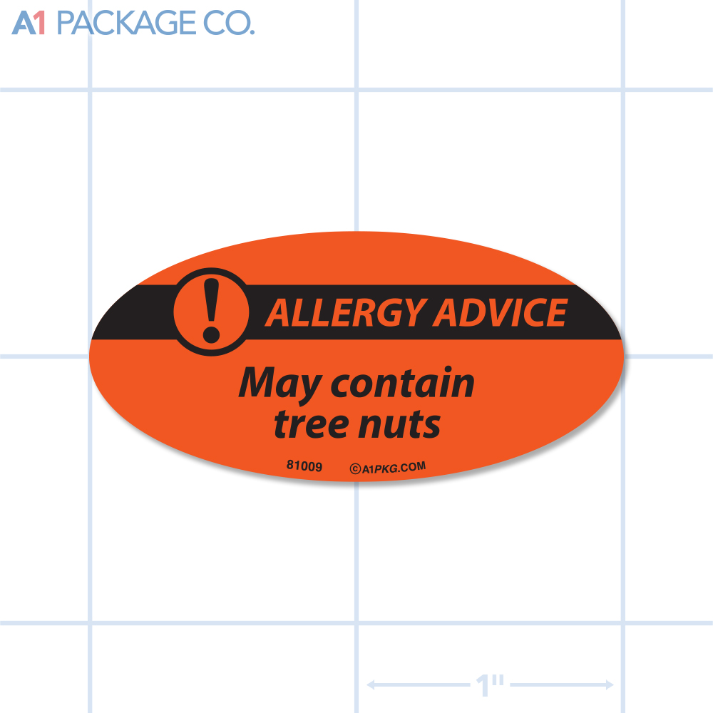 May Contain Tree Nuts Allergy Advice Label Fluorescent Red Oval (1x2 Inch) 500/roll