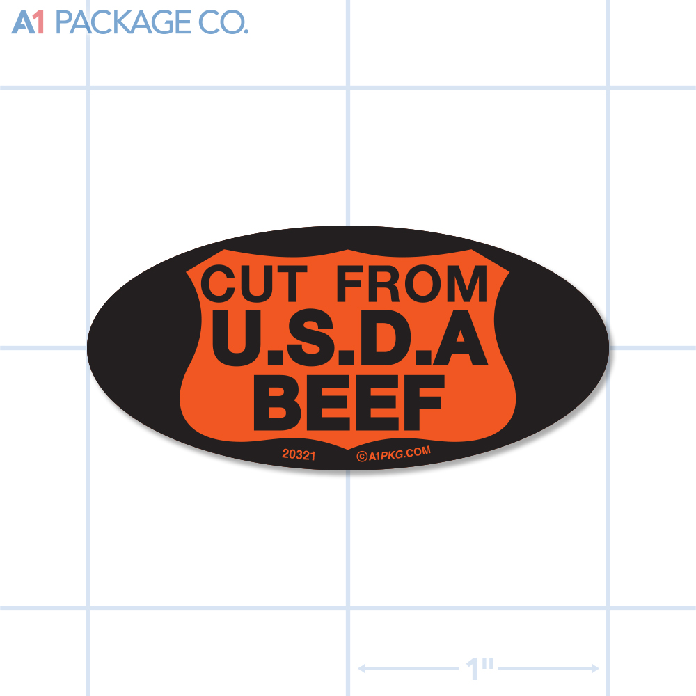 Cut From USDA Beef Label Fluorescent Red Oval (1x2 Inch) 500/roll