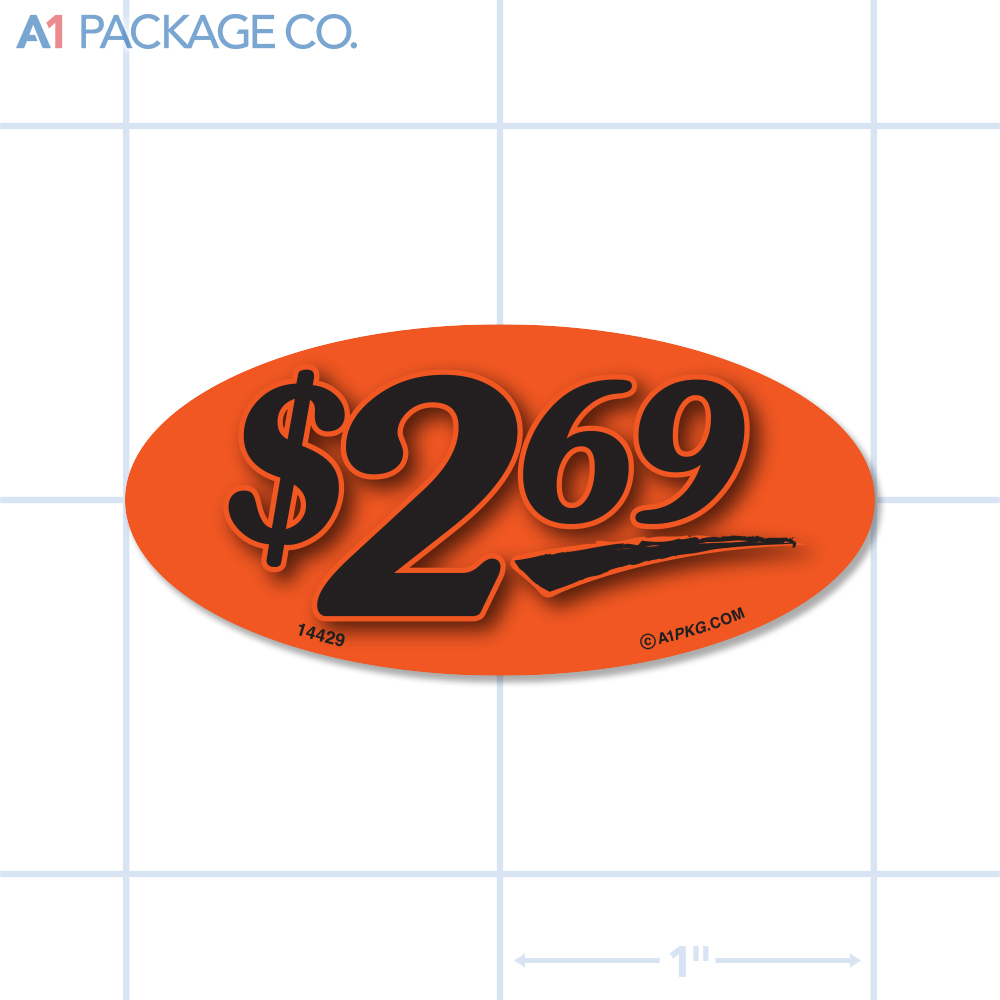 $2.69 Label Fluorescent Red Oval (1x2 inch) 500/roll