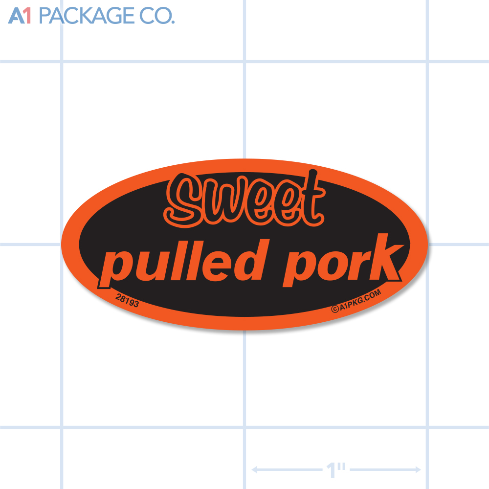 Sweet Pulled Pork Label Fluorescent Red Oval (1x2 Inch) 500/roll