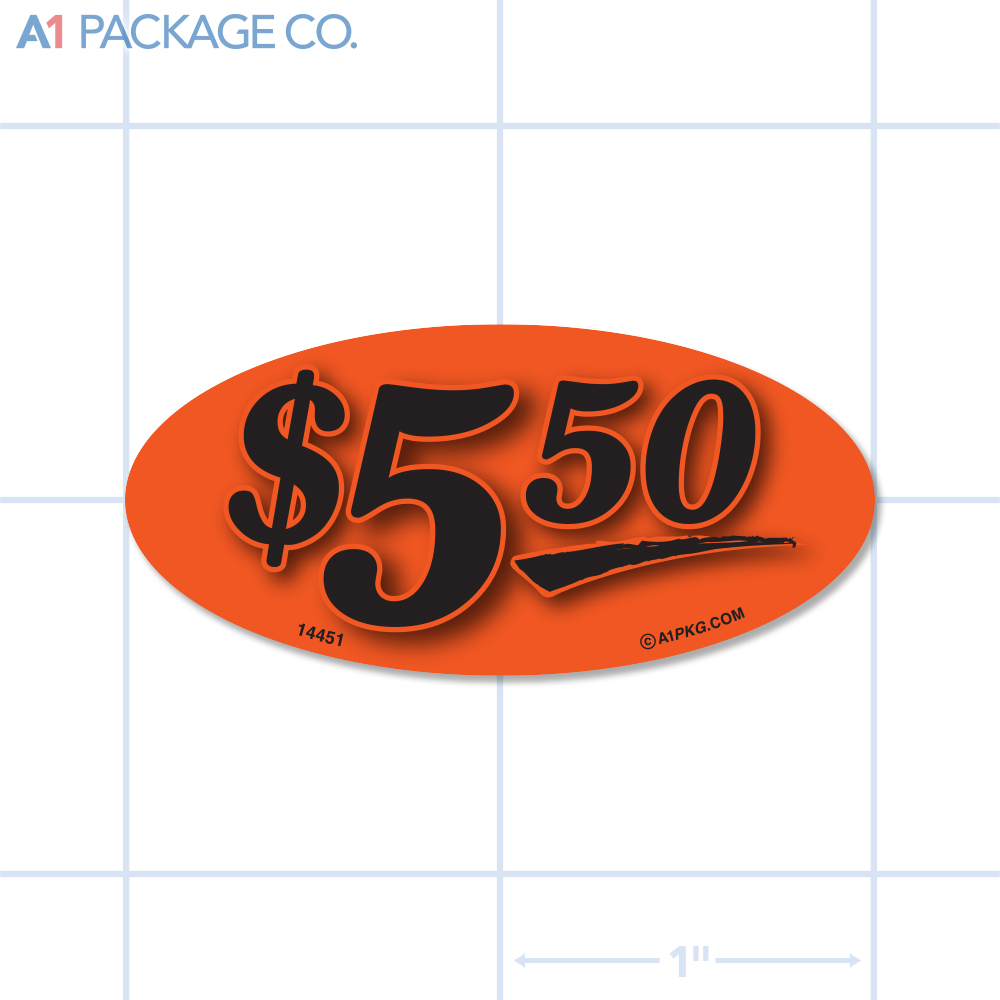 $5.50 Label Fluorescent Red Oval (1x2 inch) 500/roll